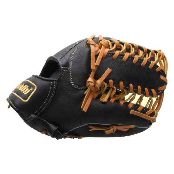 Side view of a black baseball glove with tan lacing and a gold Franklin logo.