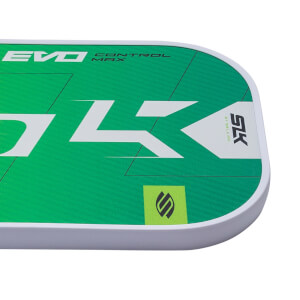 Corner view of a green pickleball paddle with white SLK and EVO CONTROL MAX branding.