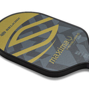 Corner view of a gray and gold pickleball paddle with a geometric pattern and Selkirk logo.