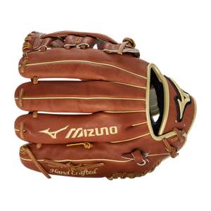 Top-down view of a brown baseball glove with Mizuno branding and Hand Crafted text.