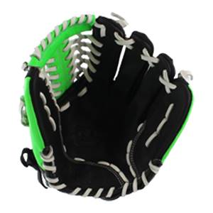 Interior view of a black baseball glove with bright green accents and white lacing.