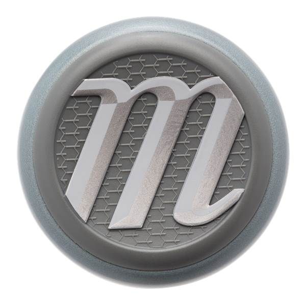 End cap view of a grey baseball bat with a silver M logo on a honeycomb pattern.