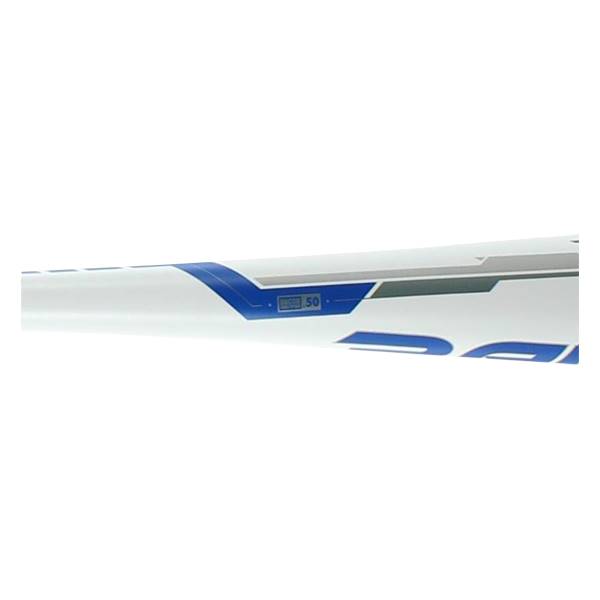 Side view of a white baseball bat with blue accents and 50 marking.