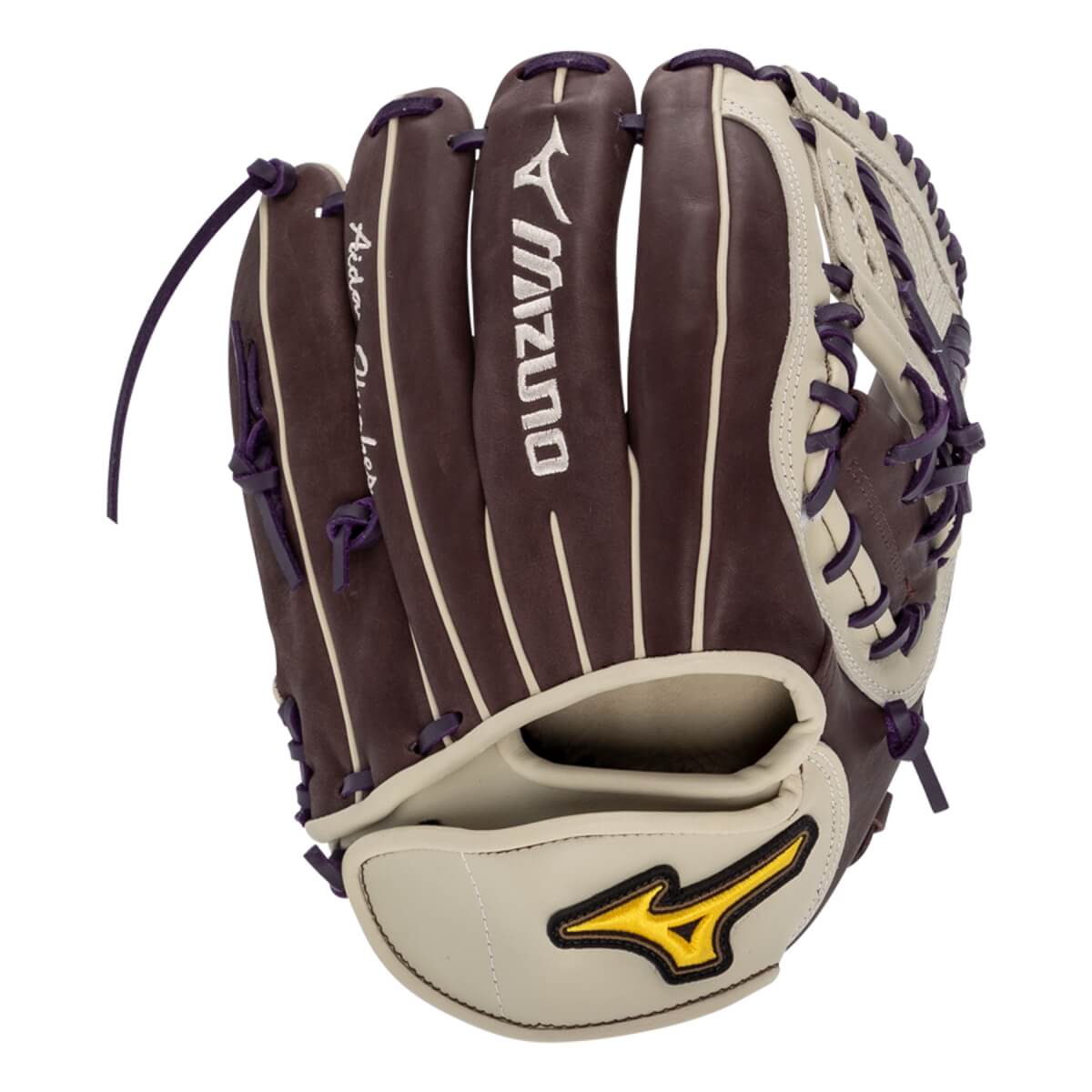 Front view of a brown and tan softball glove with purple lacing and a yellow Mizuno logo.