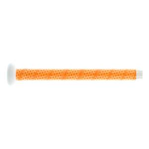 Side view of a white and orange baseball bat with a perforated orange grip.