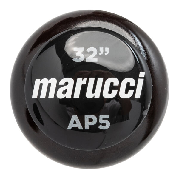 End view of a dark brown Marucci AP5 baseball bat with 32 and AP5 text.