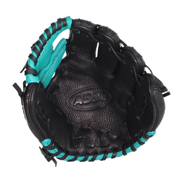 Top-down view of a black baseball glove with teal accents and A500 embossed on the palm.