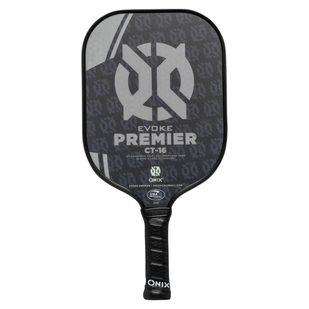 Front view of a black pickleball paddle with EVOKE PREMIER CT-16 text and a large grey logo.