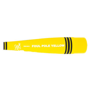 Side view of a yellow tee ball bat with FOUL POLE YELLOW text and black stripes.