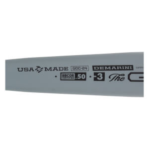 Side view of a gray baseball bat with USA MADE, GOC-24, DEMARINI, BBCOR CERTIFIED .50, and -3 text.