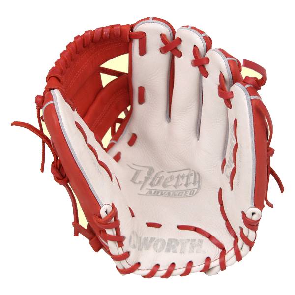 Front view of a red and white baseball glove with Liberty Advanced and Worth branding.
