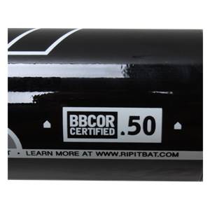 Close-up of a black baseball bat with BBCOR CERTIFIED .50 and RIPITBAT.COM text.
