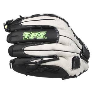 Side view of a black and white baseball glove with green TPS logo and white stitching.