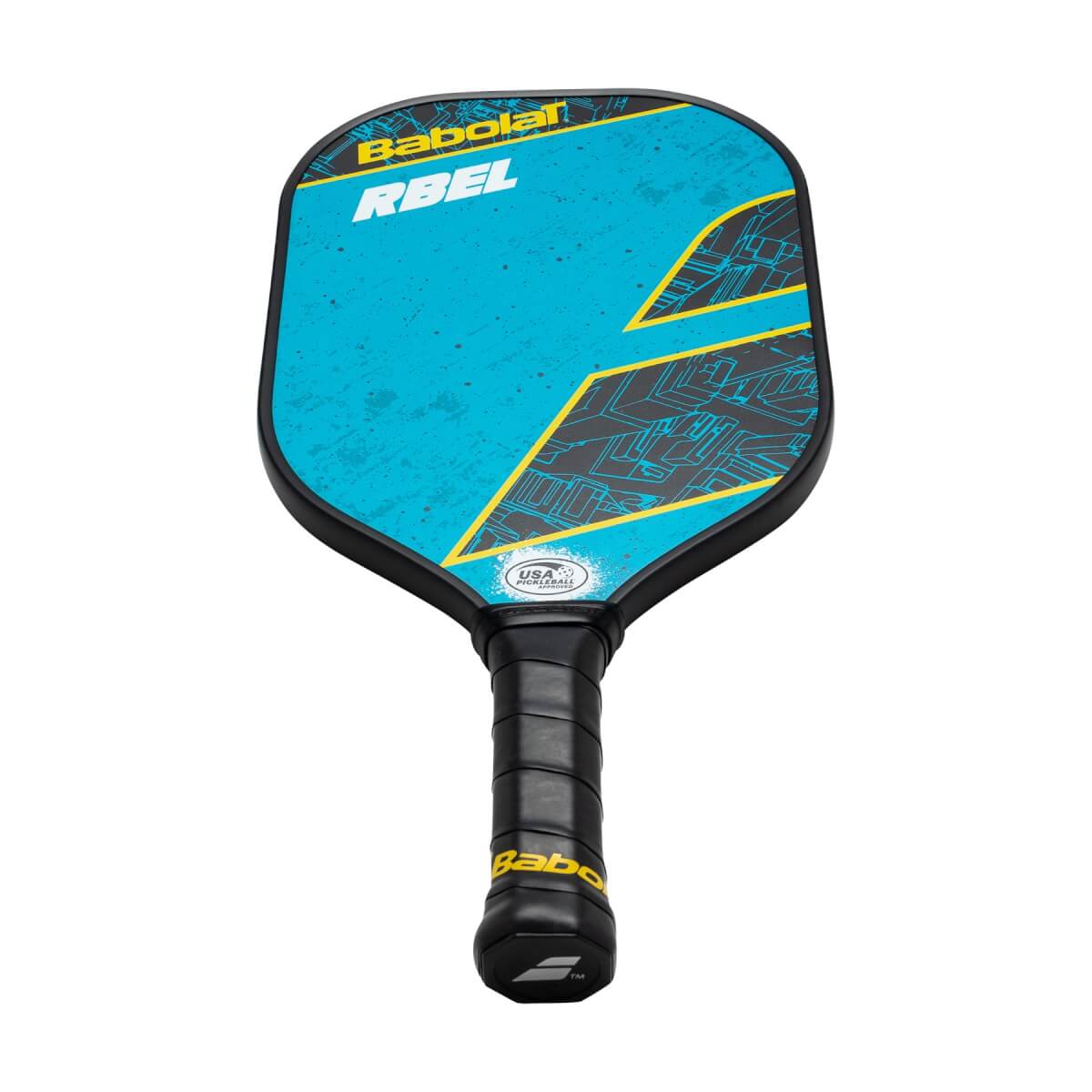 Front view of a blue pickleball paddle with Babolat and RBEL text and a yellow geometric design.