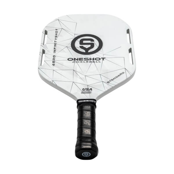 Front view of a white pickleball paddle with black geometric design, ONESHOT PICKLEBALL, and USA APPROVED.