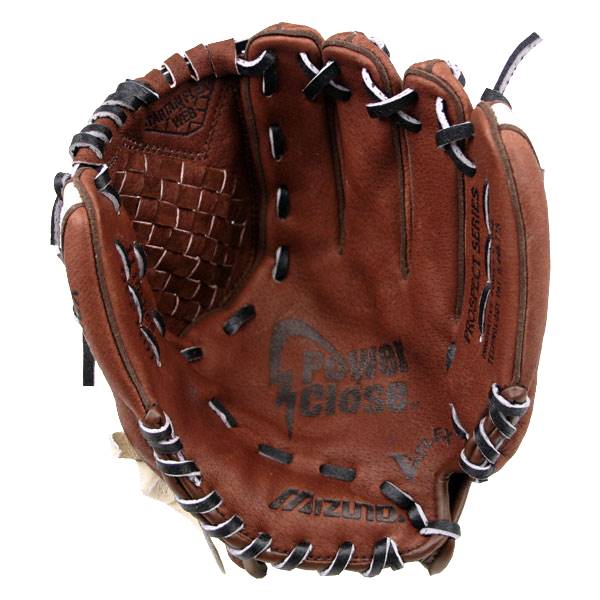 Top-down view of a brown youth baseball glove with a woven web, Power Close logo, and Mizuno branding.