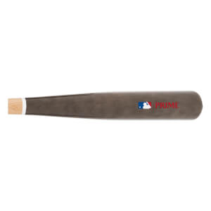 Side view of a gray Louisville Slugger Prime baseball bat with MLB logo and PRIME text.
