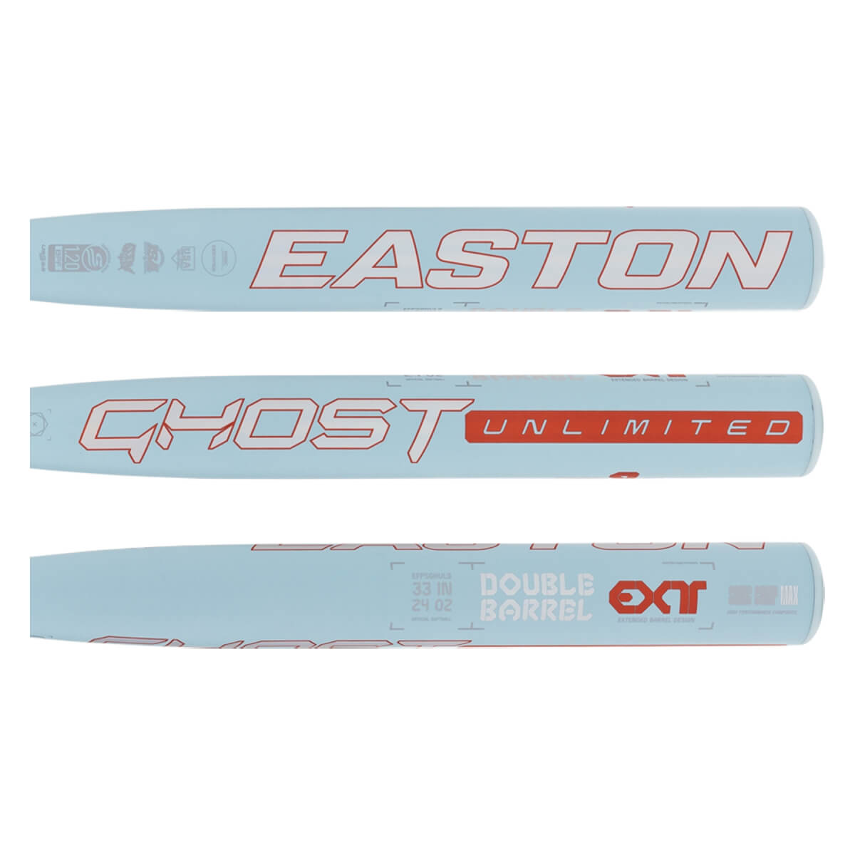 Side barrel views of a light blue bat displaying red and white EASTON and GHOST UNLIMITED branding alongside DOUBLE BARREL and EXT technology logos.