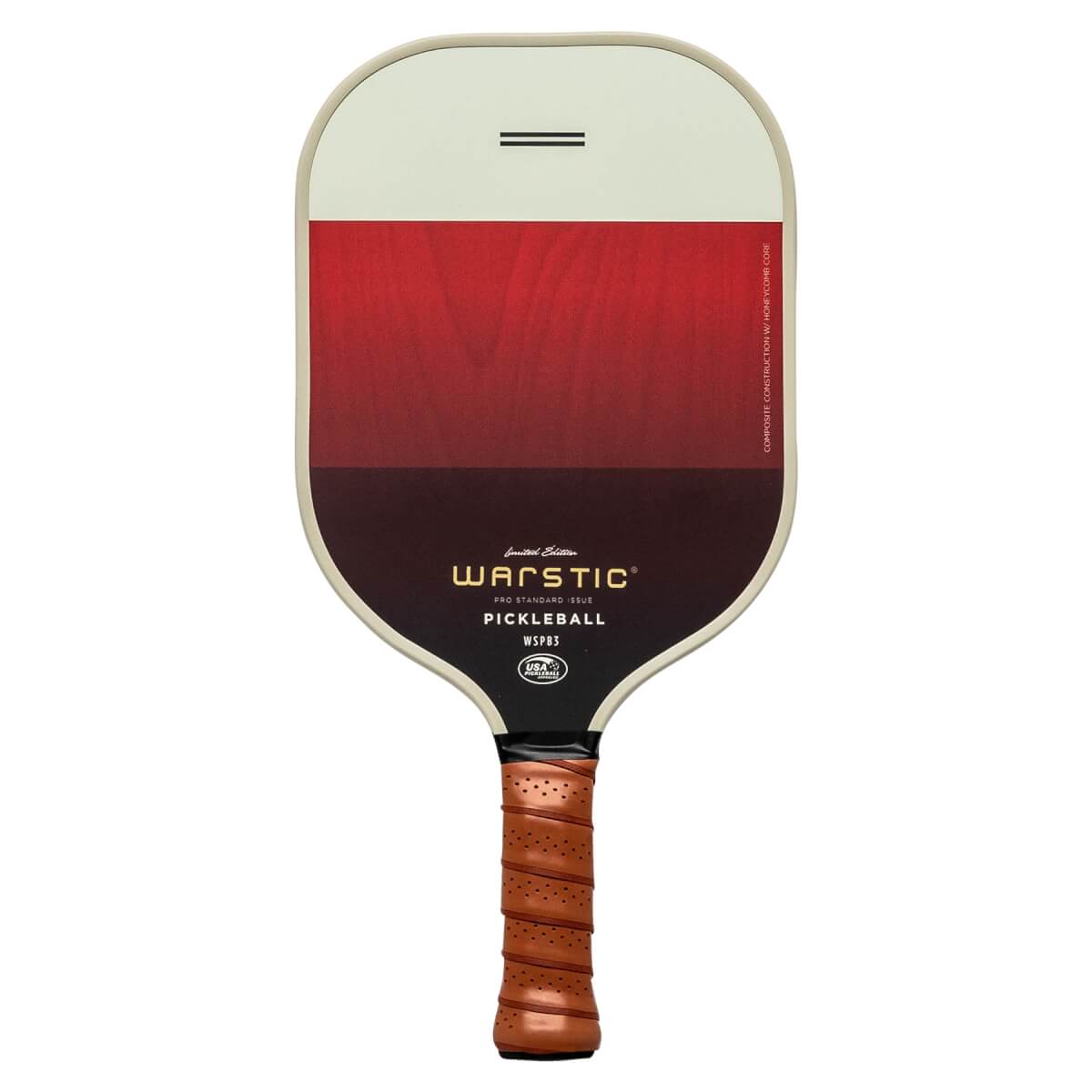 Front view of a white and red pickleball paddle with Warstic branding and a brown grip.