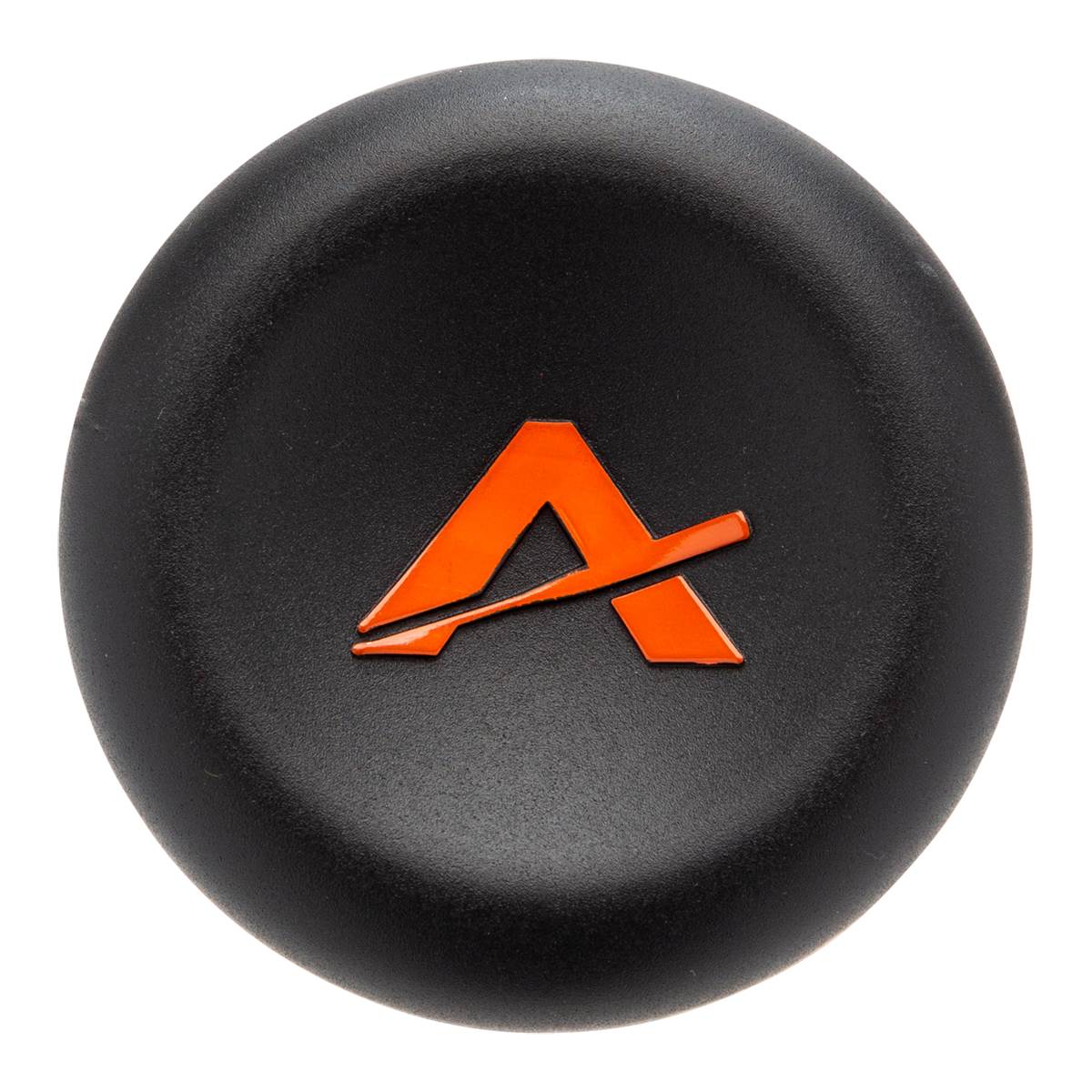 Top-down view of a black baseball bat end cap with an orange A logo.