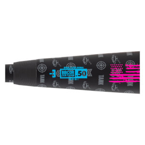 Side view of a black baseball bat with a pink American flag graphic and BBCOR .50 certified logo.