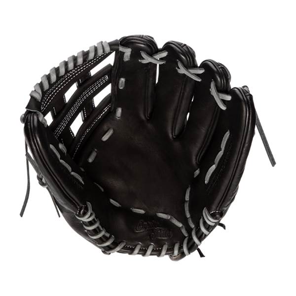 Top-down view of a black baseball glove with white stitching and Capitol Series branding.