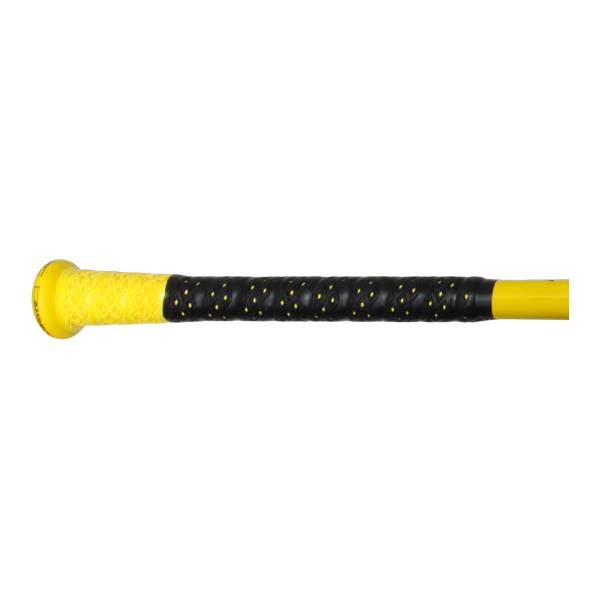 Side view of a yellow baseball bat with a yellow and black grip.