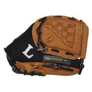 Side view of a brown and black youth baseball glove with a checkered web and L logo.