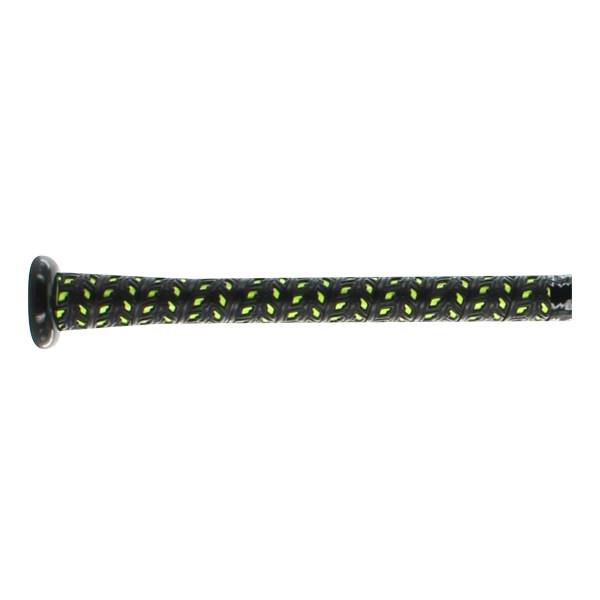 Side view of a black baseball bat with a black and neon green patterned grip.