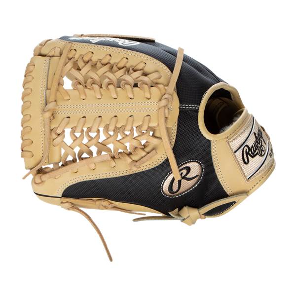 Side view of a black and tan baseball glove with tan lacing and a Rawlings logo.
