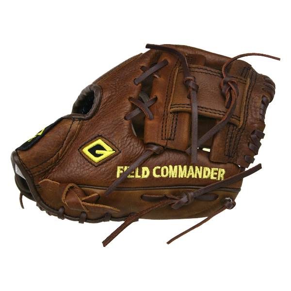 Side view of a brown baseball glove with yellow FIELD COMMANDER text and a yellow diamond logo.