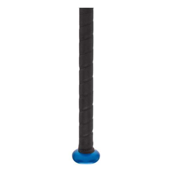Close-up of a black baseball bat grip with a blue end cap.