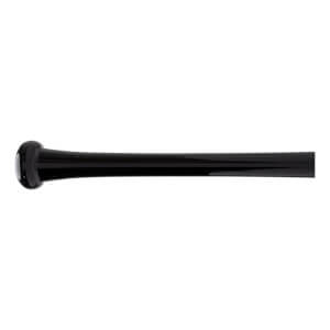 Side view of a black baseball bat handle with a glossy finish and a white detail on the rounded knob.