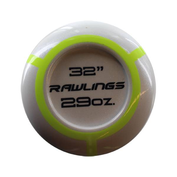 End view of a white baseball bat with green accents, showing 32 RAWLINGS 29oz.