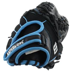 Corner view of a black fastpitch glove with blue trim and white Wilson text.