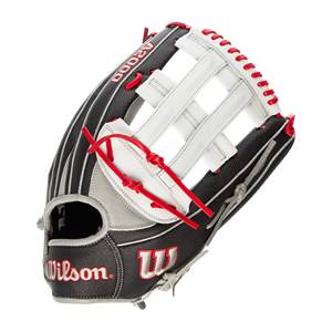 Front view of a black and white Wilson A2000 softball glove with red lacing and A2000 text.