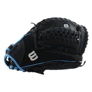 Side view of a black fastpitch glove with blue stitching and white Wilson logos.