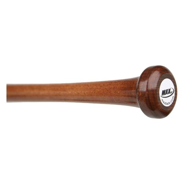 Close-up of a brown wood baseball bat with a white circular logo and MAX visible.