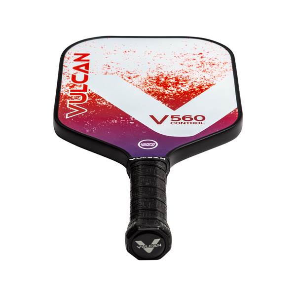 Top-down view of a white and red pickleball paddle with VULCAN and V560 CONTROL text.