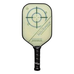Front view of a light green pickleball paddle with a target design, Maverick text, and black grip.
