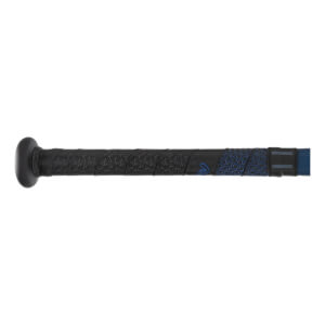 Side view of a black baseball bat with a textured grip and blue accents.