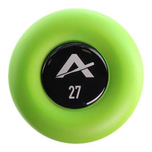 Top-down view of a lime green softball bat with a black end cap featuring a white A logo and the number 27.