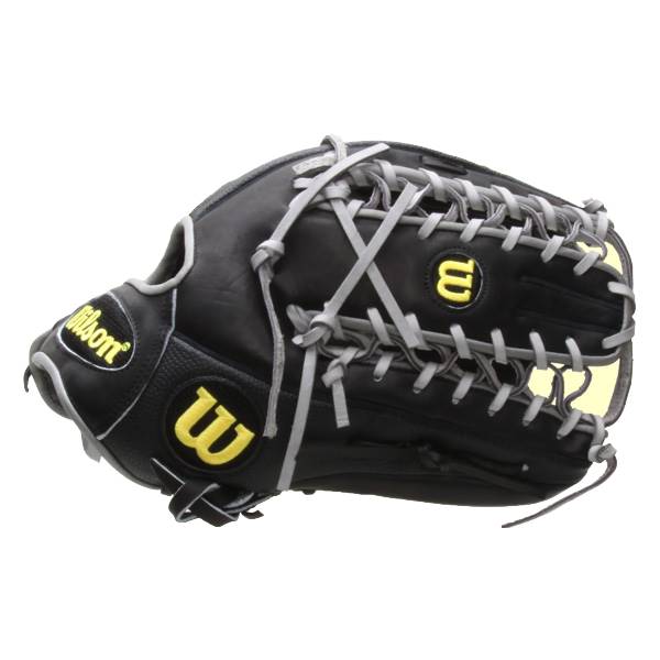 Side view of a black baseball glove with yellow Wilson branding and gray lacing.