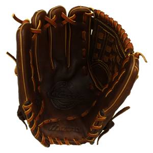 Interior view of a brown baseball glove with tan lacing and a checkered pocket.