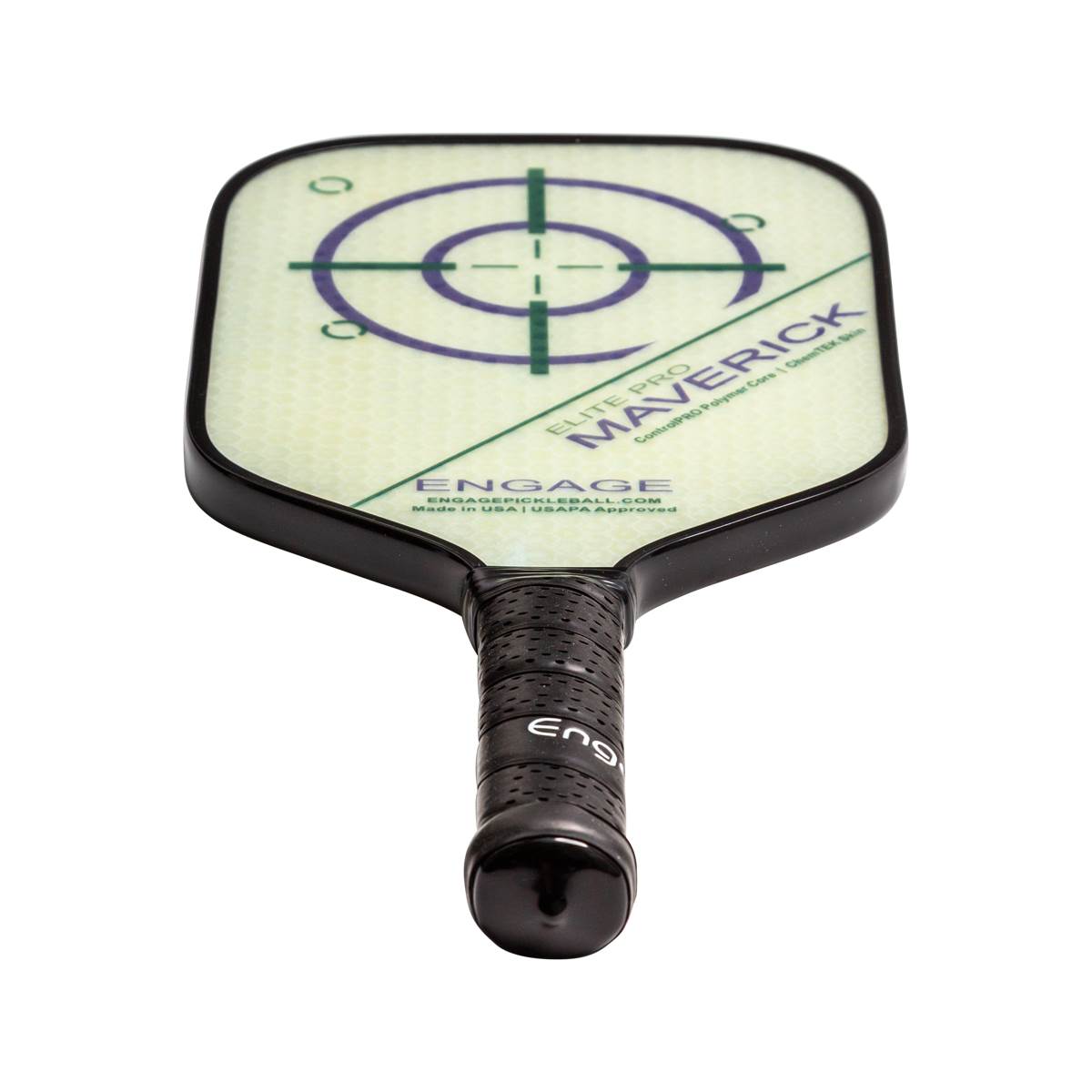 Top-down view of a white pickleball paddle with a target graphic, Maverick text, and black grip.