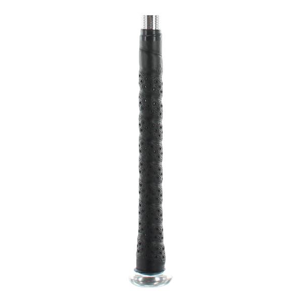 Close-up of a black baseball bat grip with a textured pattern and silver end cap.