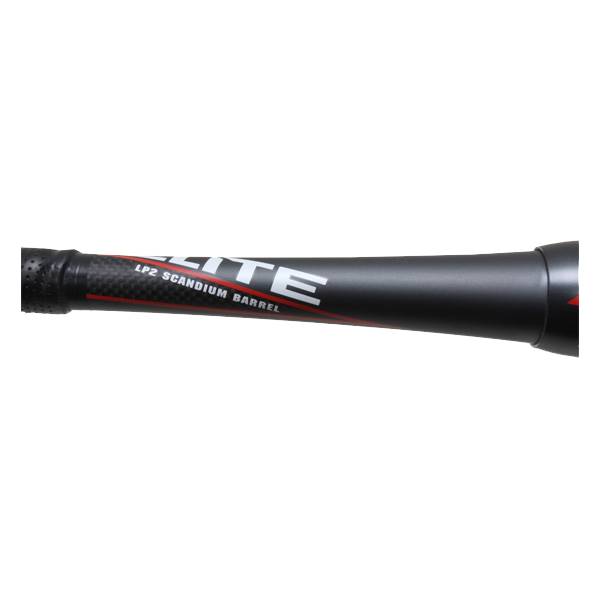 Side view of a black baseball bat with white ELITE text and LP2 SCANDIUM BARREL text.
