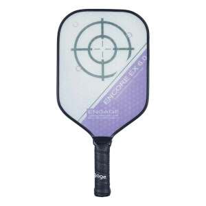 Front view of a white and purple composite pickleball paddle with a target design and ENCORE EX 6.0 text.
