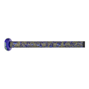 Side view of a softball bat handle with a purple knob, green lettering, and blue grip tape with a yellow geometric pattern.
