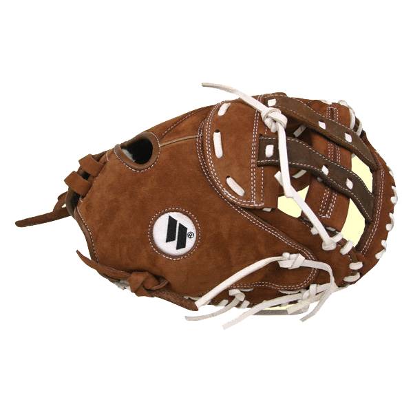 Side view of a brown catchers mitt with white lacing and a circular logo.